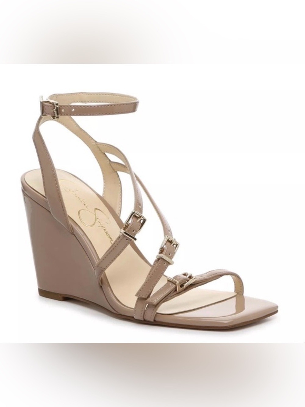 Jessica Simpson Aliara Taupe Patent Leather Wedge Heel Strappy Sandal - Sz 9.5M